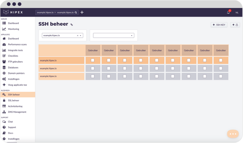 SSH beheer Hipex hosting paneel
